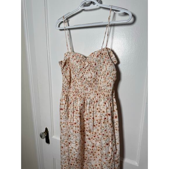 H&M Pink Peach Girly Ditsy Floral Smocked Poplin Midi Sun Dress Women's XL - Picture 4 of 7